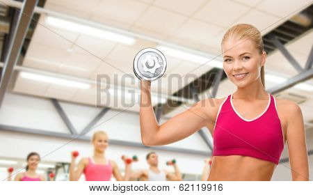 fintess, healthcare and dieting concept - young sporty woman with heavy steel dumbbell