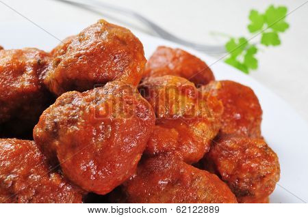 closeup of a plate with a spanish meatballs stew