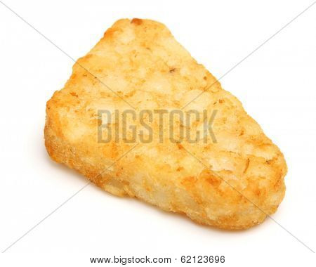 Hash brown pattie on white background.