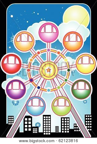 Ferris wheel , building and blue night with moon