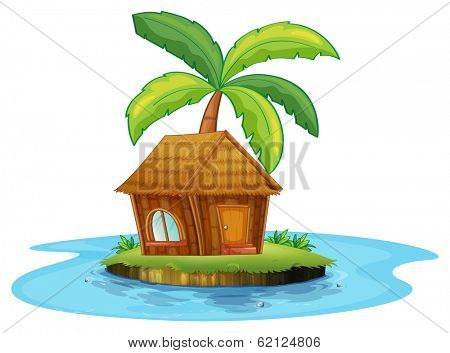 Illustration of an island with a nipa hut and a palm tree on a white background