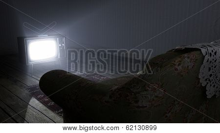 Illuminated Television And Lonely Old Couch