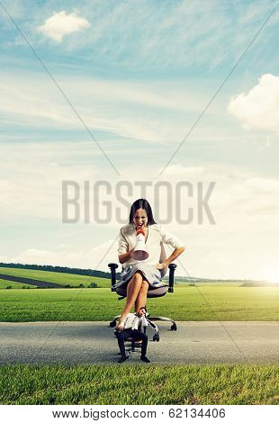 emotional big woman with megaphone and small lazy man on the road