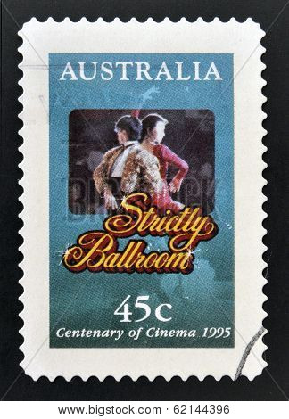 A stamp printed in Australia commemorating centenary of cinema shows film strictly ballroom