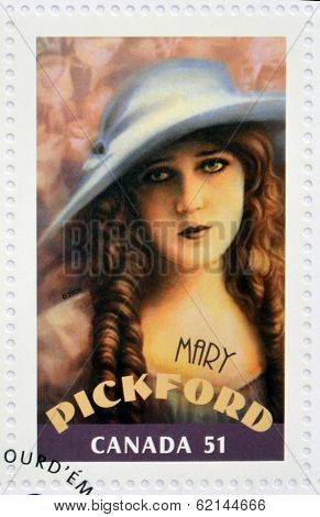 A stamp printed in Canada shows shows Mary Pickford