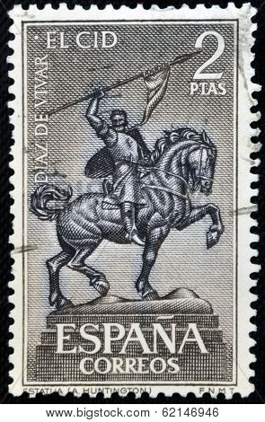 stamp shows Equestrian Statue of El Cid Campeador (Rodrigo Diaz de Vivar) Spain's National Hero