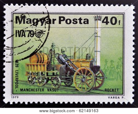 stamp printed in Hungary shows emblem of International Transport Exhibition and Stephenson 