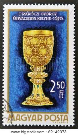 stamp printed in Hungary shows Communion cup of Gyorgy Rakoczy I
