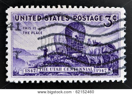 stamp shows the Pioneers entering the Valley of Great Salt Lake devoted to Utah Settlement Centenary