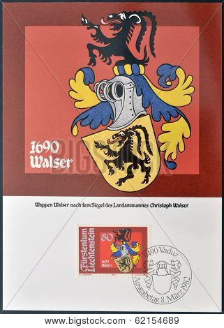 A stamp printed in Liechtenstein shows Arms of Christoph Walser
