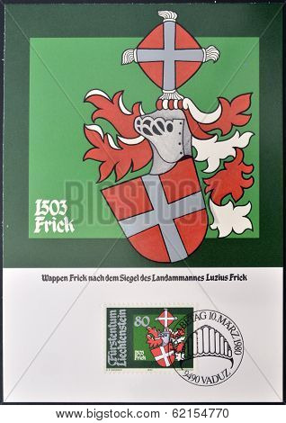 A stamp printed in Liechtenstein shows Arms of Luzius Frick