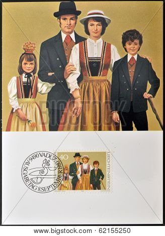 stamp dedicated to traditional costumes shows Group in Triesenberg Costume