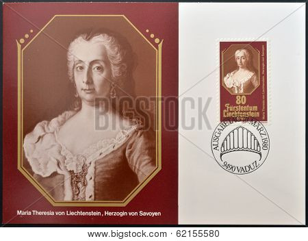 stamp printed in Liechtenstein shows Maria Theresia duchess of Savoy