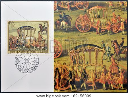 stamp dedicated to paintings of Golden Carriage and Horses shows Golden Carriage of Prince J. Wenzel