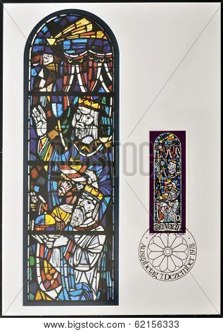 stamp dedicated to Chruch Windows of Triesenberg shows Adoration of the Magi