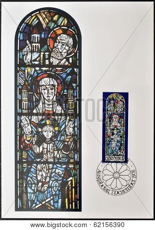 stamp dedicated to Chruch Windows of Triesenberg shows enthroned Madonna with St Joseph