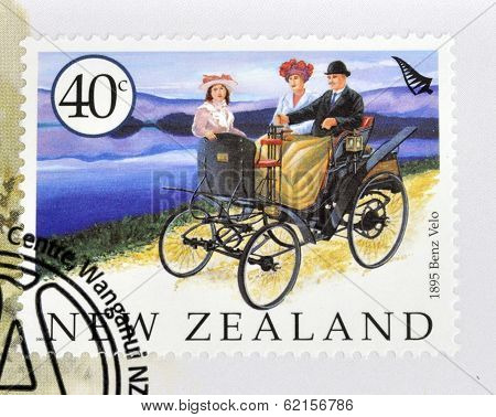 A stamp printed in New Zealand dedicated to old cars shows 1895 Benz Velo