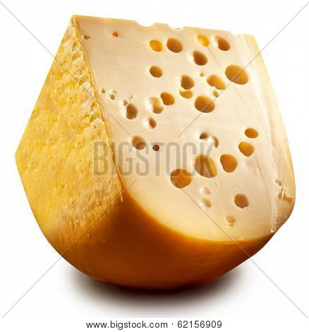 Quarter of Emmental cheese head isolated on a white background. Clipping paths.