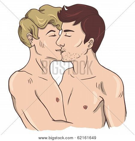 Two gay men kissing isolated on white