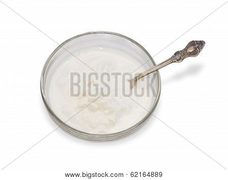 Transparent  Glass Bowl With Cream Cheese With Silver Spoon Isolated