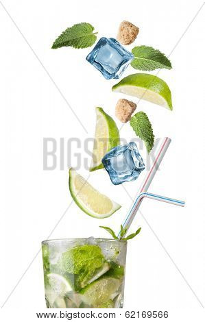mohito cocktail with falling ingredients isolated on white