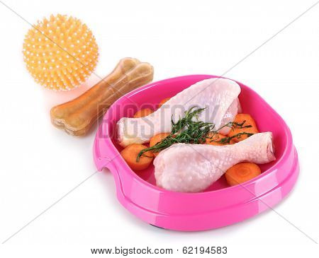 Natural food for pets in plastic bowl isolated on white