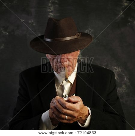 Lighting a cigar old style