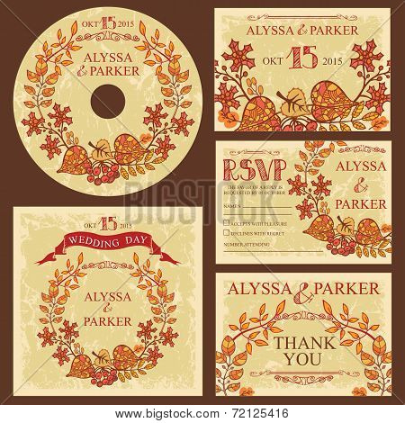 Vintage fall wedding template set with leaves wreath