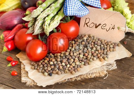 Roveja Beans With Label And Vegetables