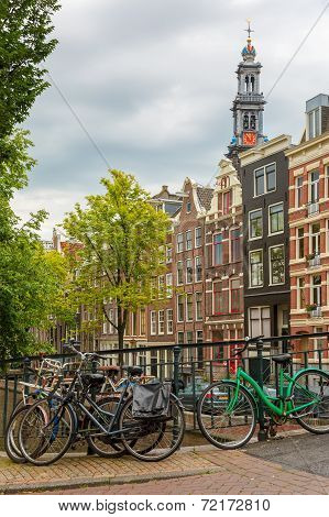 City View Of Amsterdam Canals And Typical Houses, Holland, Netherlands.