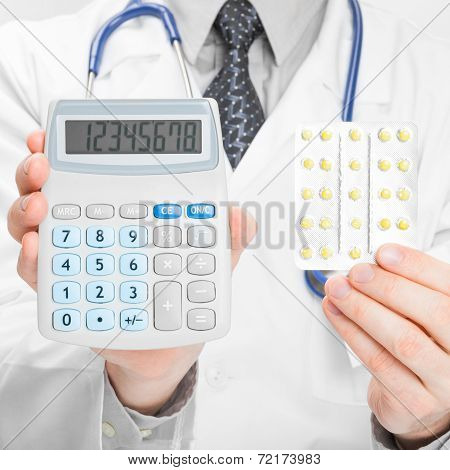 Doctor Holdling Calculator And Pills In His Hands - Heath Care Concept