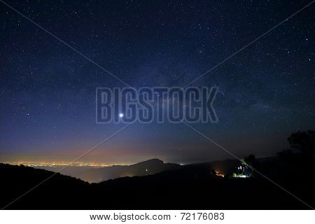 Landscape Of Milky Way Beautiful Sky On Doi Inthanon Mountain, Chiang Mai, Thailand.