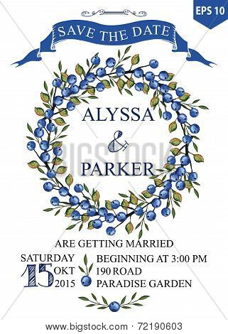 Wedding save date card with Watercolor Blueberries wreath