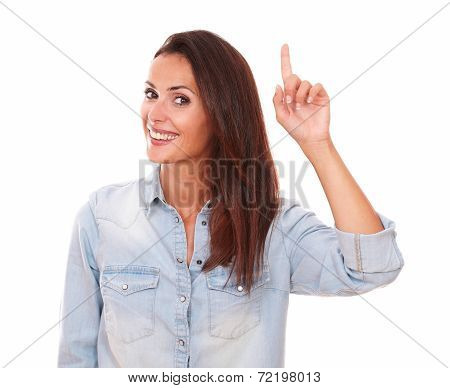Lovely Single Lady Pointing Up And Smiling