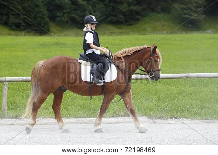 Young Girl Is Riding On A Horse Back