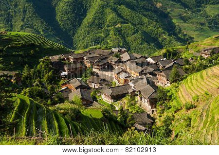 Landscape photo of rice terraces and village in china