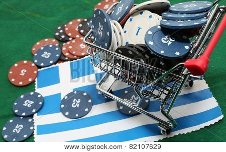 Shopping Cart Full Of Casino Checks Over The Flag Of Greece To Gamble