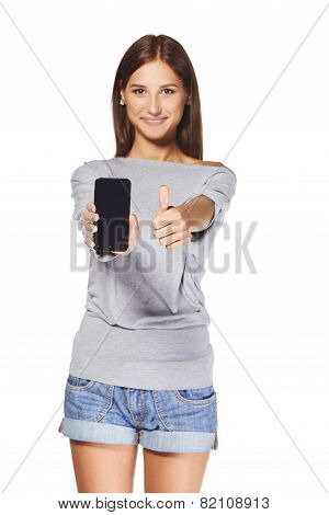 Young woman showing mobile cell phone