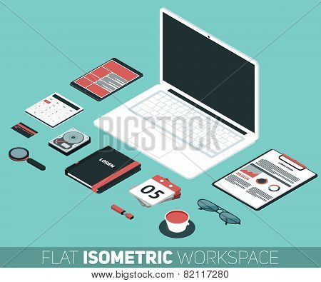 Modern Flat Isometric Design Vector Illustration Of Office Workspace. Desk Background With Laptop, O