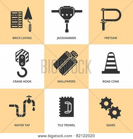Trendy flat working tools icons black silhouettes
