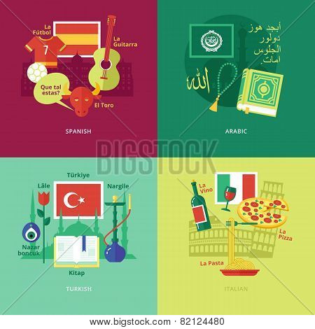 Set of flat design concept icons for foreign languages.