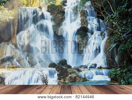 Wood Floor Kwang Sri Waterfall In Luang Prabang, Laos.