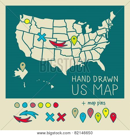 Hand drawn US map travel poster