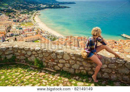 Young Woman Looking To The Cefalu, Sicily