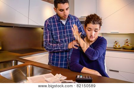 Husband trying to reconcile with angry wife after a quarrel