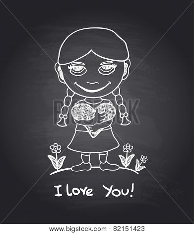 Vector hand draw romantic girl on black chalkboard
