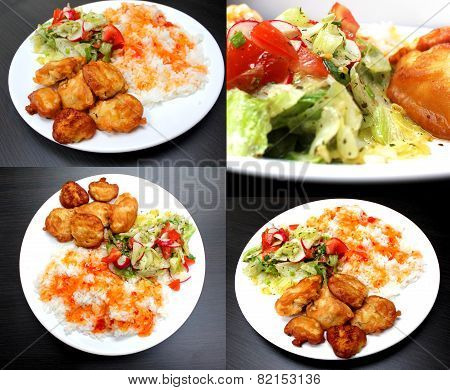 Chicken On A Plate With Rice And Salad, Set Of 4 Pictures