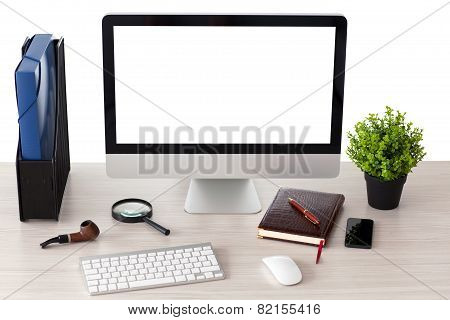 Computer With Isolated Screen Stands On The Table