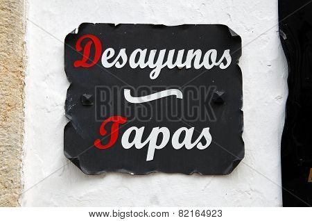 Spanish breakfast and tapas sign.