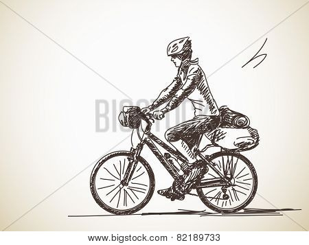 Sketch of Woman travel on bicycle Hand drawn vector illustration